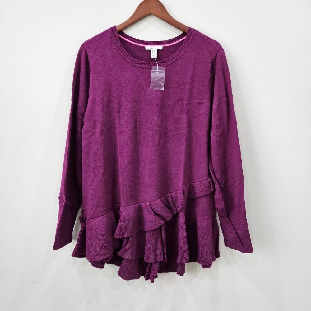 Isaac Mizrahi Live! Womens 2X Purple Ruffle Hem Knit Sweater Crew Neck Cotton